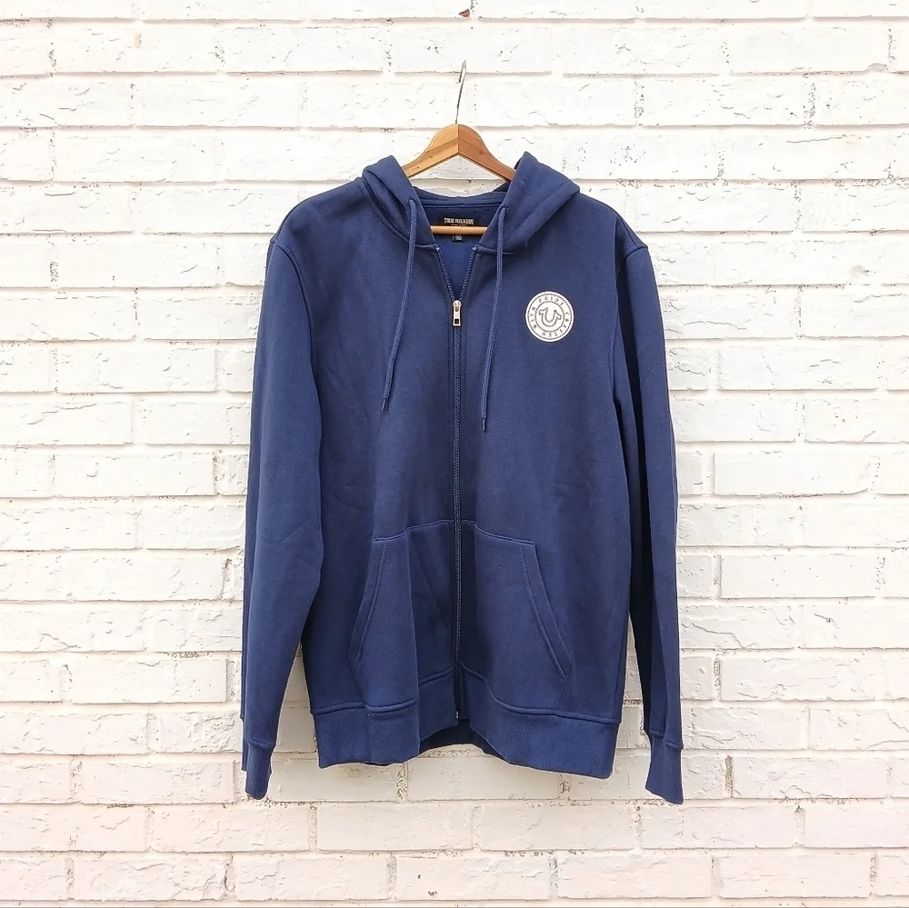 True Religion Full Zip Hoodie Logo Navy Large
